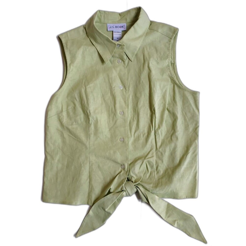 NWOT Ladies J.G. Hook Lime Linen Blend Sleeveless Tie Front Button Down Size 12